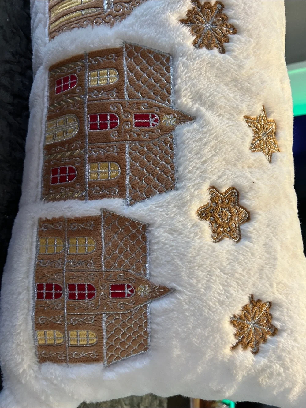 Holiday Embroidered Gingerbread House Decorative Throw Pillow - White and Gold